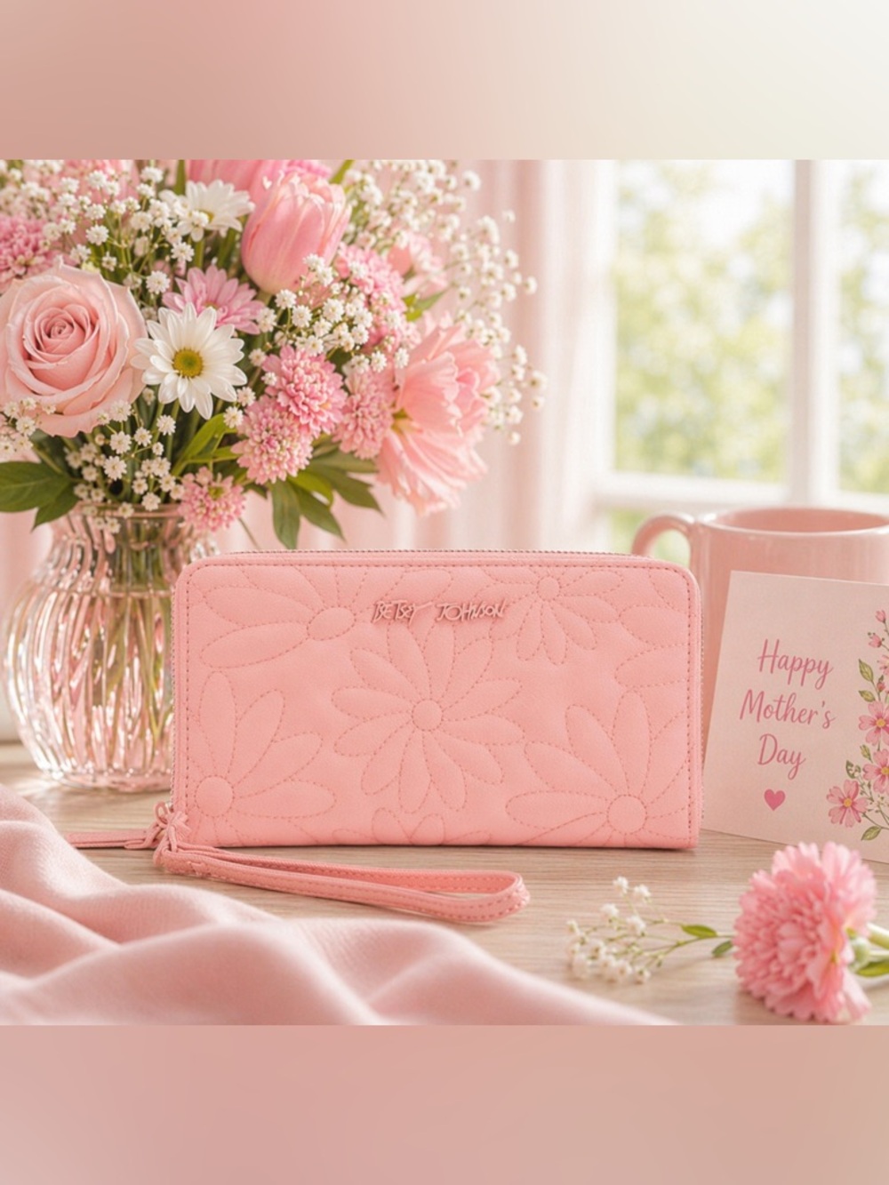 Betsey Johnson Pink Coral Quilted Daisy Zip Wallet with Wristlet and box